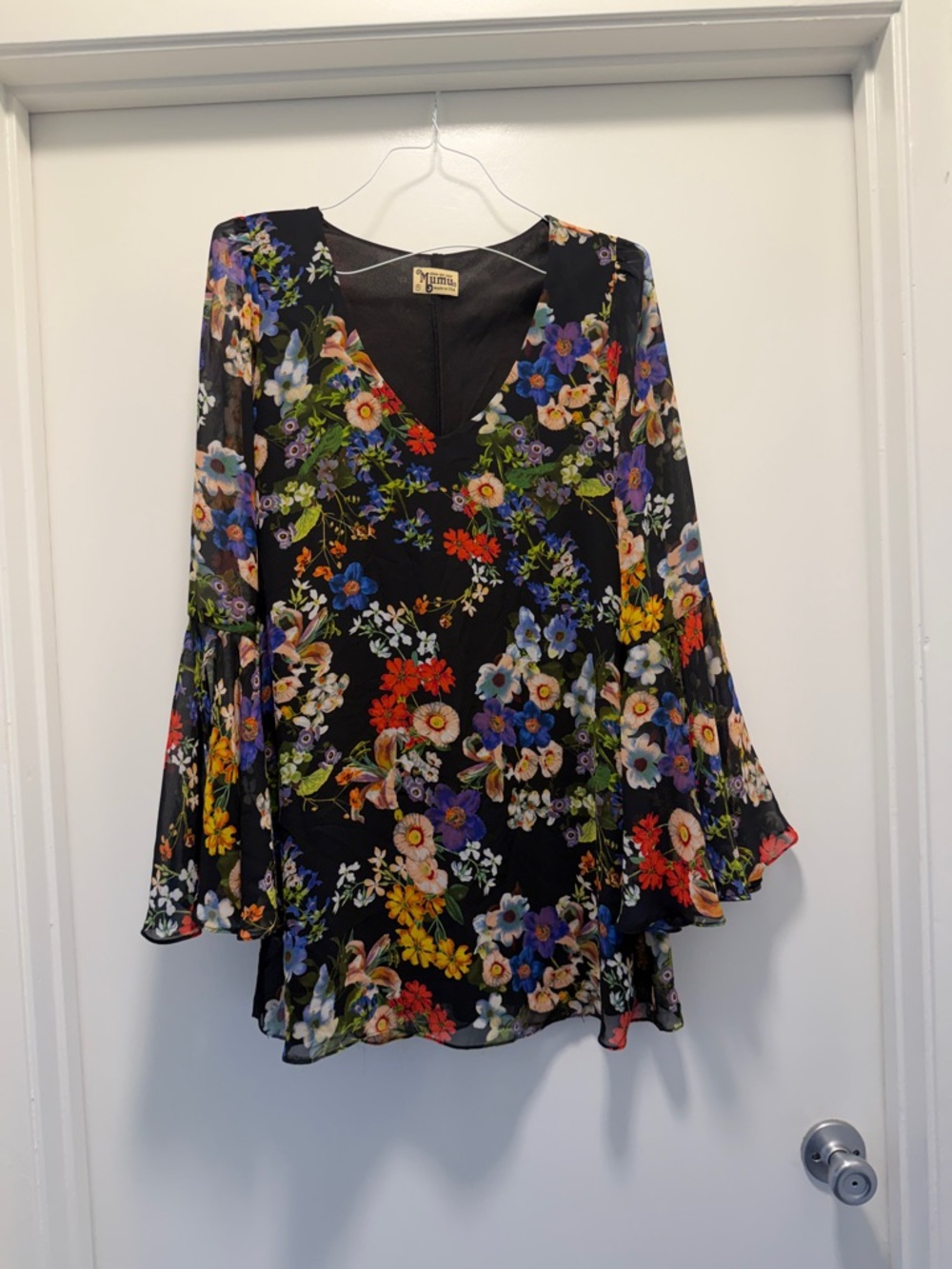 Floral V-Neck Bell Sleeve dress - Black Multi